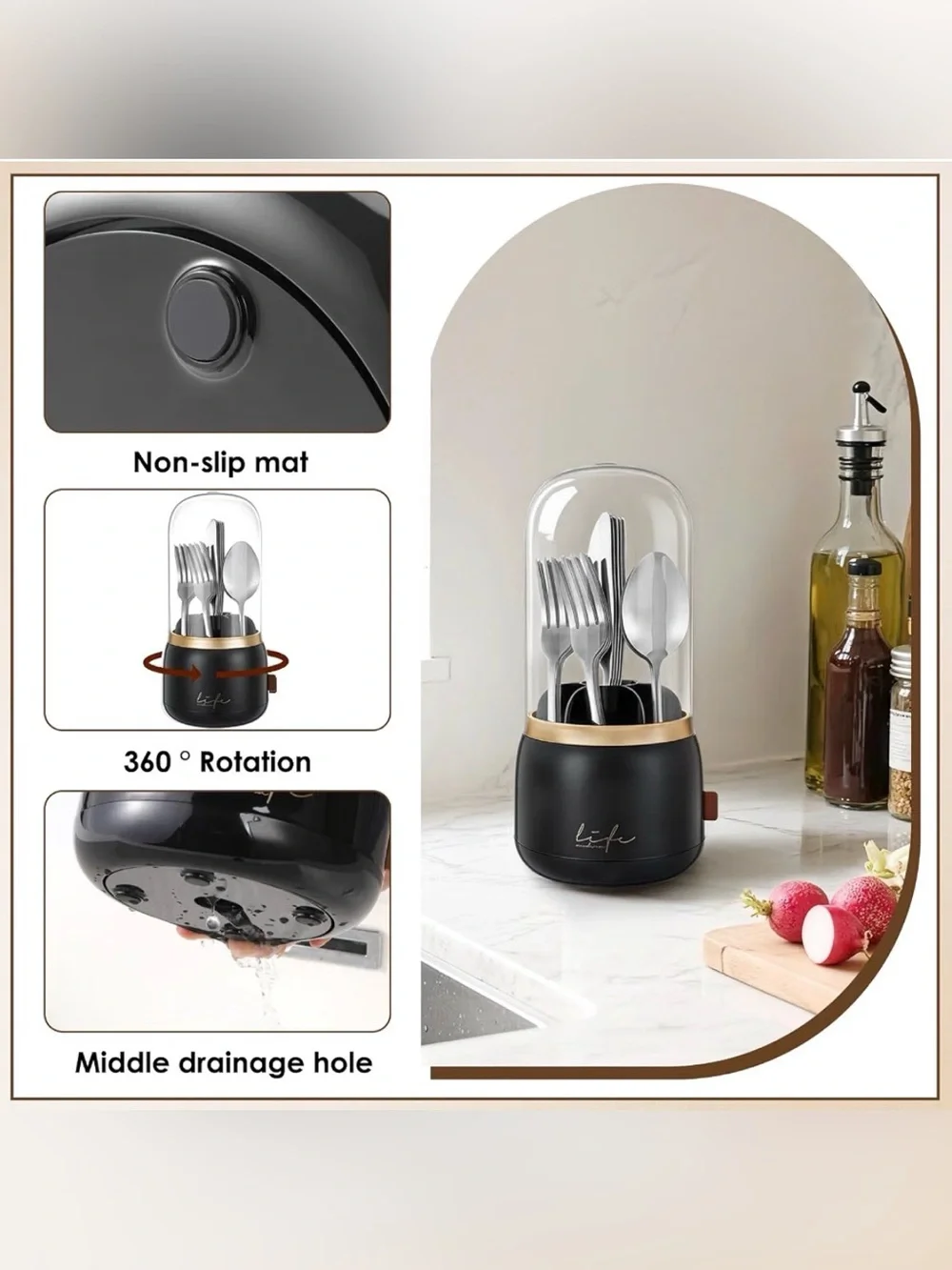 Black Cutlery Organizer with Gold tone Trim - Modern Utensil Caddy